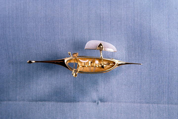 Toza, pin, gold with white stone and ivory, 1960s