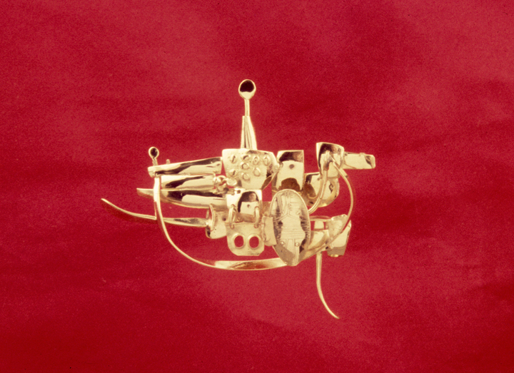 Toza, pin, gold with miniture sculture with moving elements, 1960s