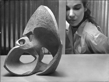 Ruth at Mills College, with ceramic owl, 1948